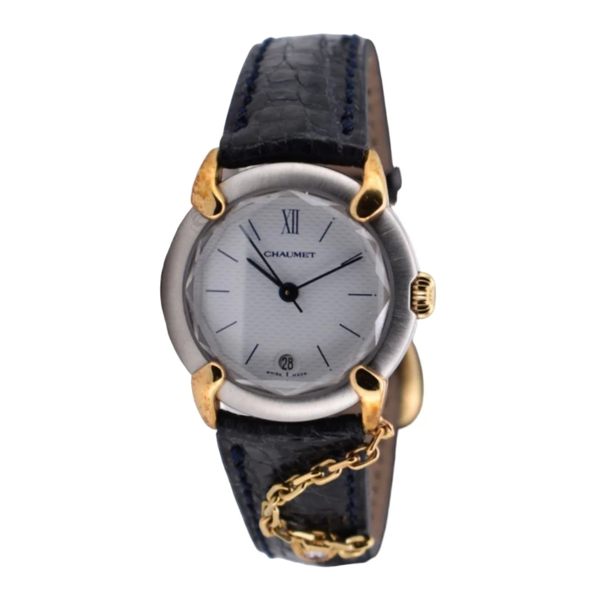 Montre CHAUMET "Élysées" en or jaune, acier, cuir, quartz et diamant