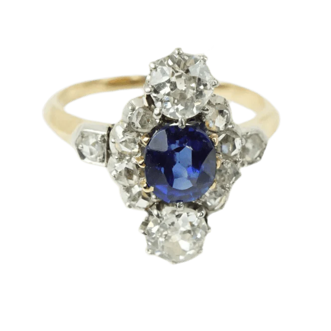 Bague Marquise en or jaune, saphir et diamants