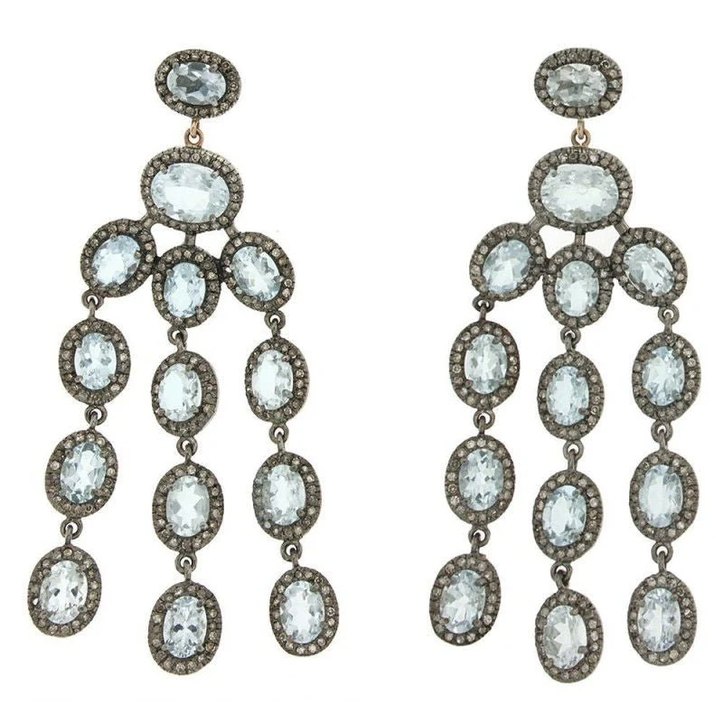 Boucles d'oreilles or gris aigue marine et diamants