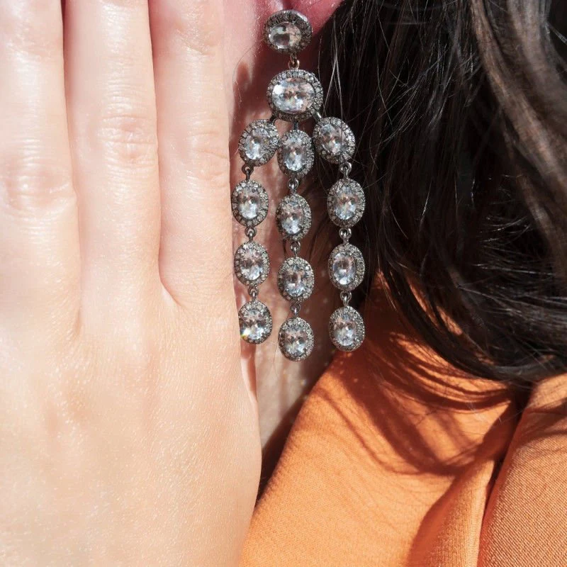 Boucles d'oreilles or gris aigue marine et diamants - Image 2