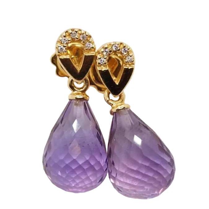 Boucles d'oreilles en or jaune, améthystes briolettes et diamants