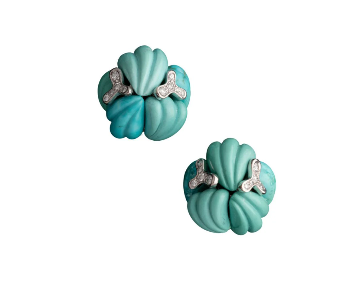 STERLE Paire de boucles d'oreilles en or, diamants et turquoises