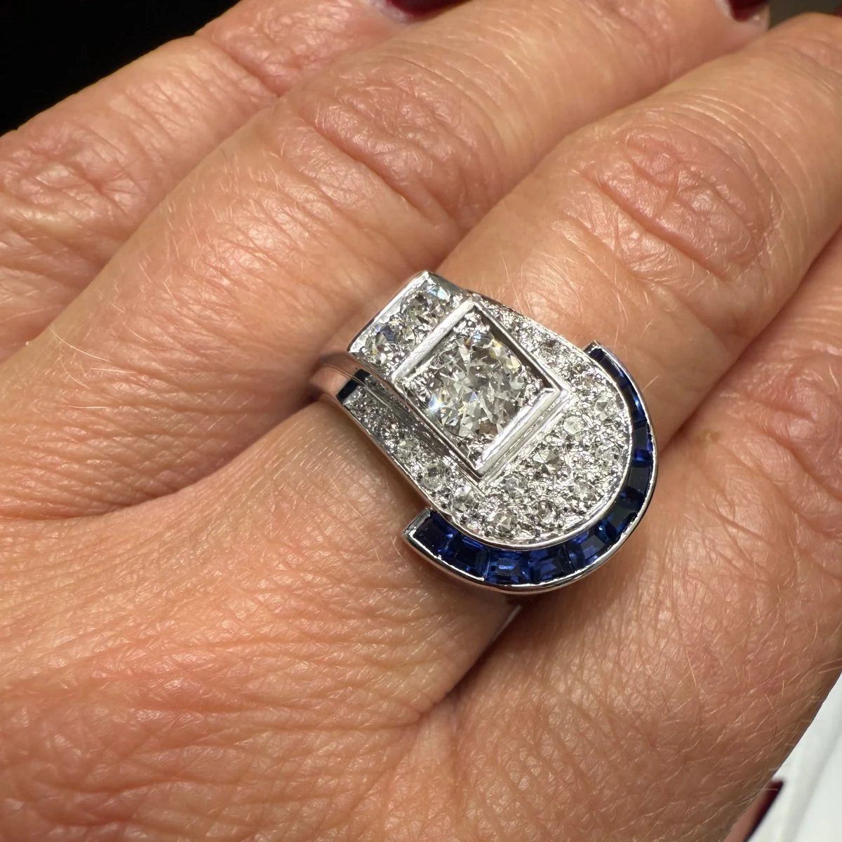 Art Déco - Bague platine - Diamants et Saphirs - Image 2