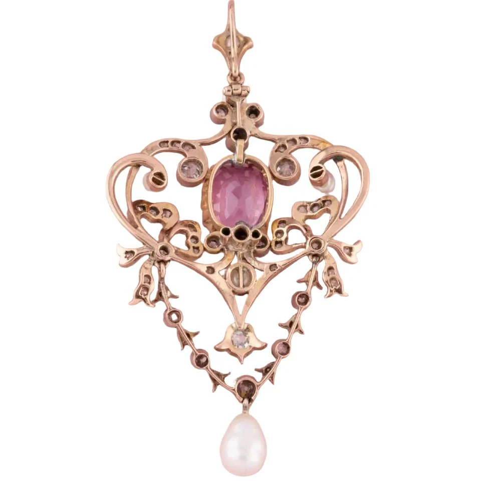 Pendentif en or jaune, platine, perle, saphir et diamants - Image 2