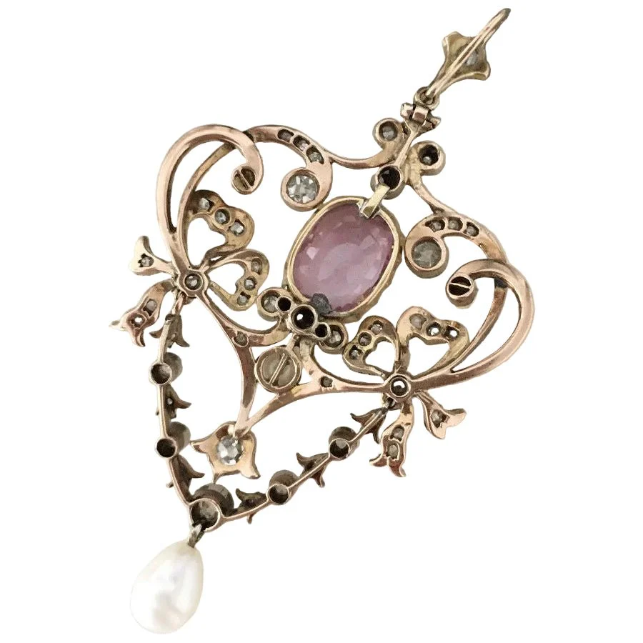 Pendentif en or jaune, platine, perle, saphir et diamants - Image 3
