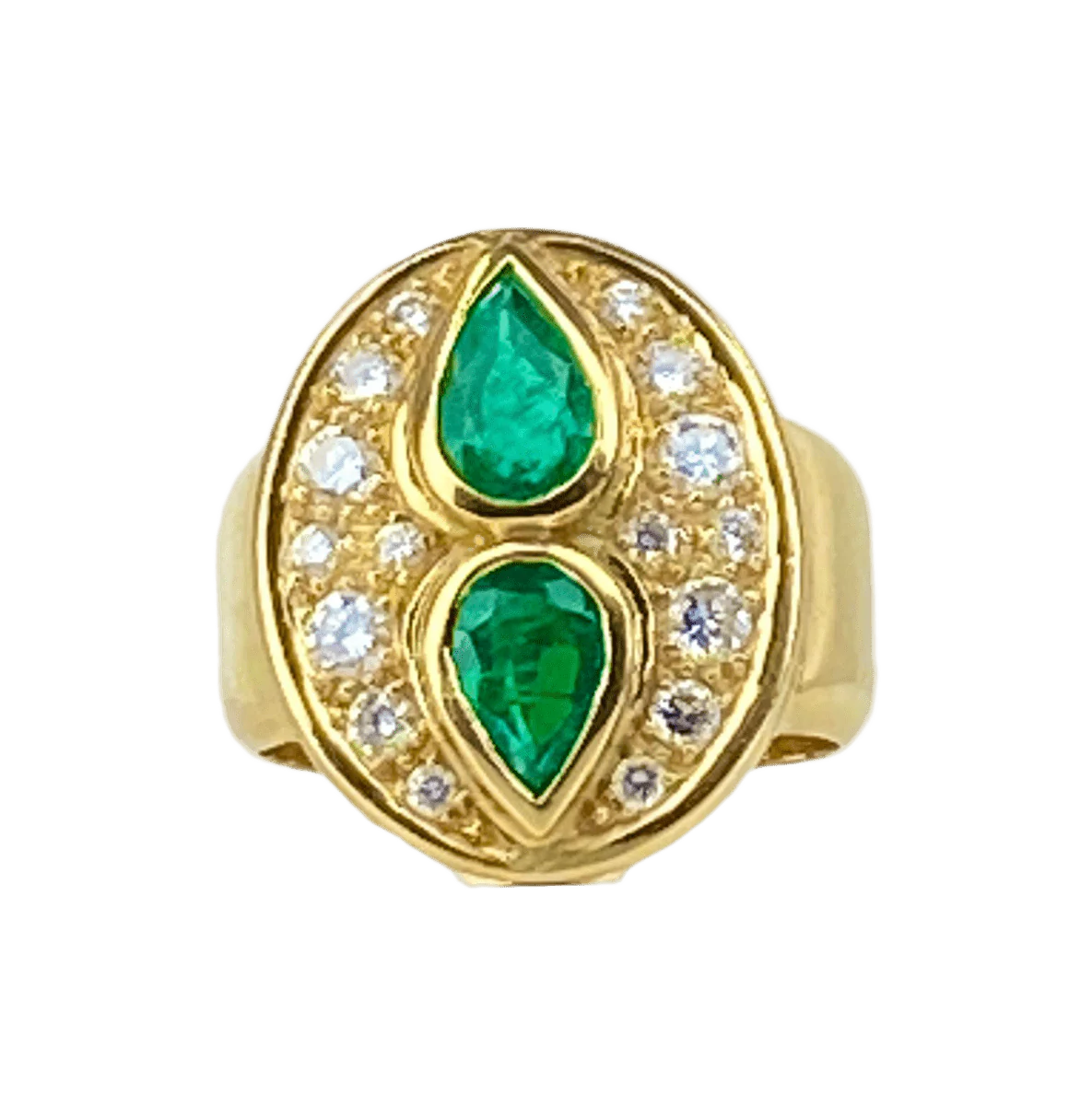 Bague en or jaune, émeraudes et diamants