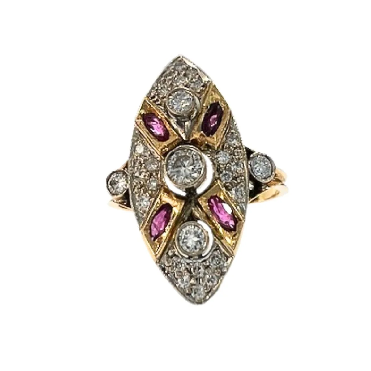 Bague Marquise en or jaune, rubis et diamants