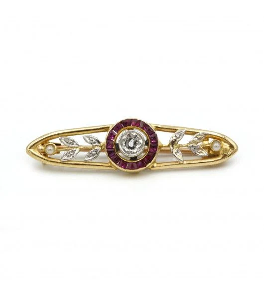 Broche en or jaune, diamants, perles et rubis