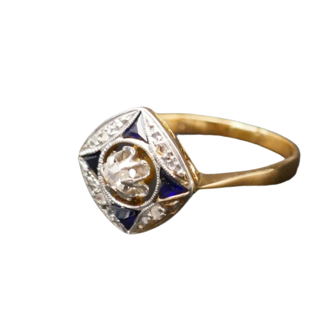 Bague Marquise en or jaune, or blanc, saphirs et diamants - Image 3