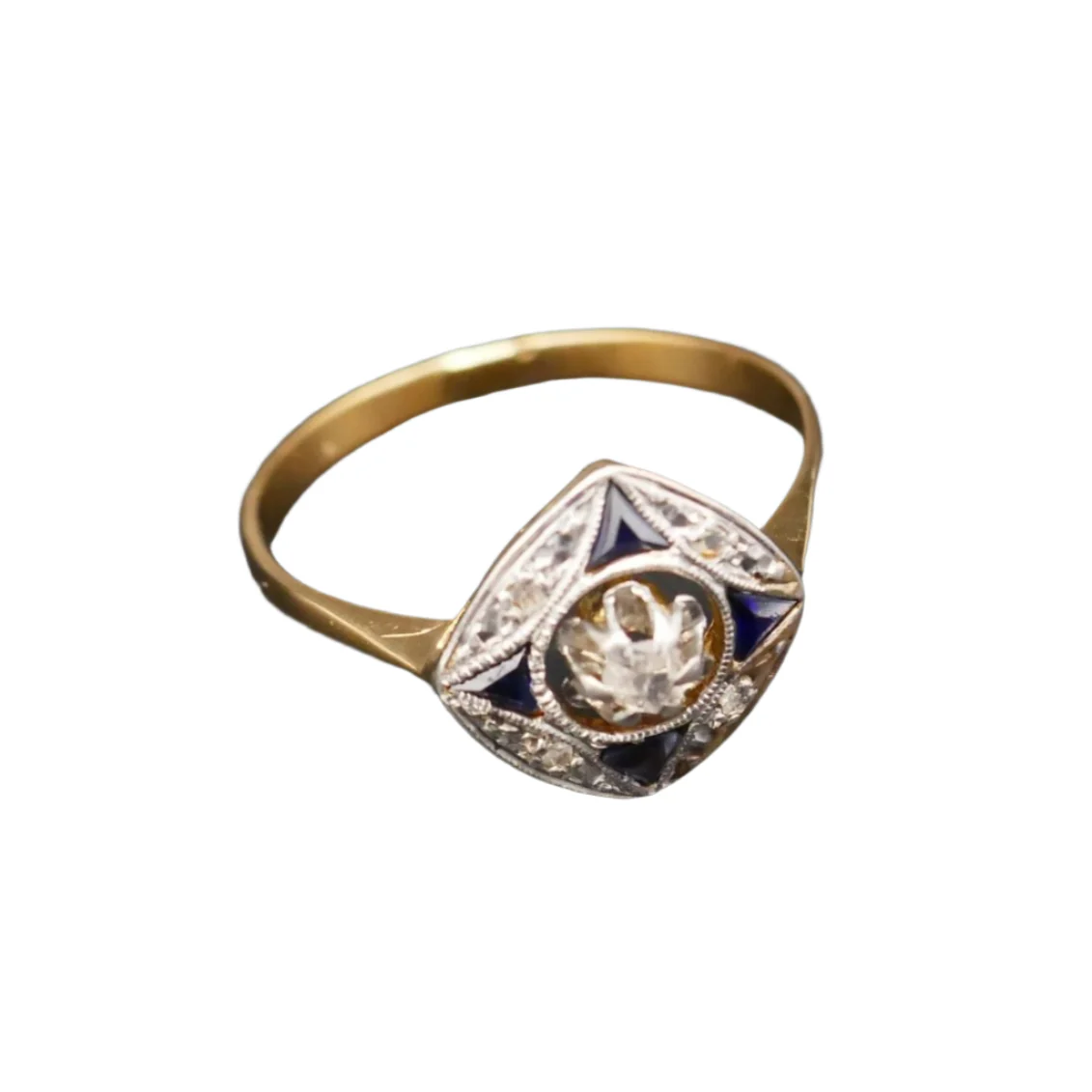 Bague Marquise en or jaune, or blanc, saphirs et diamants - Image 4