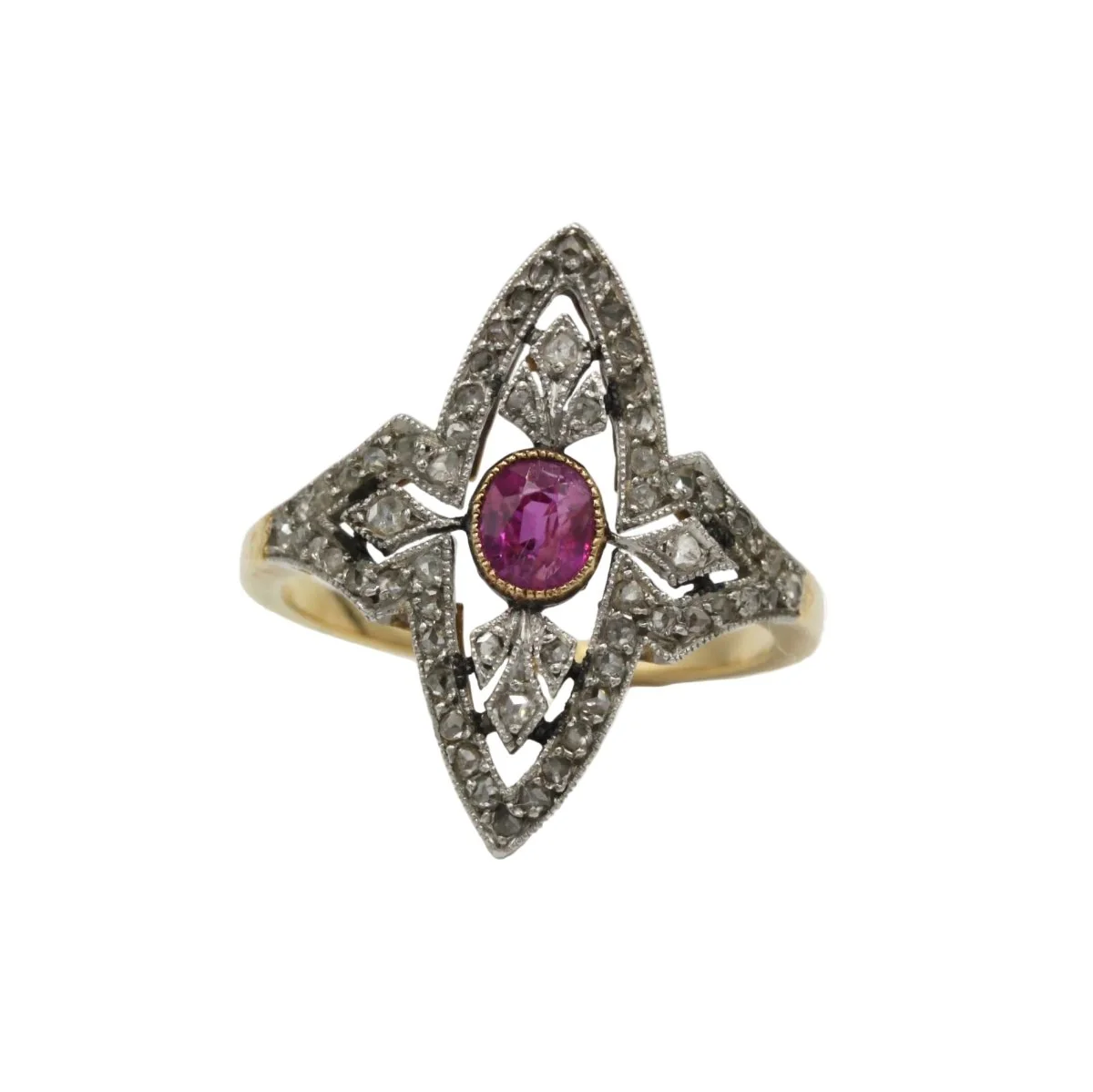 Bague Marquise en or jaune, platine, saphir et diamants