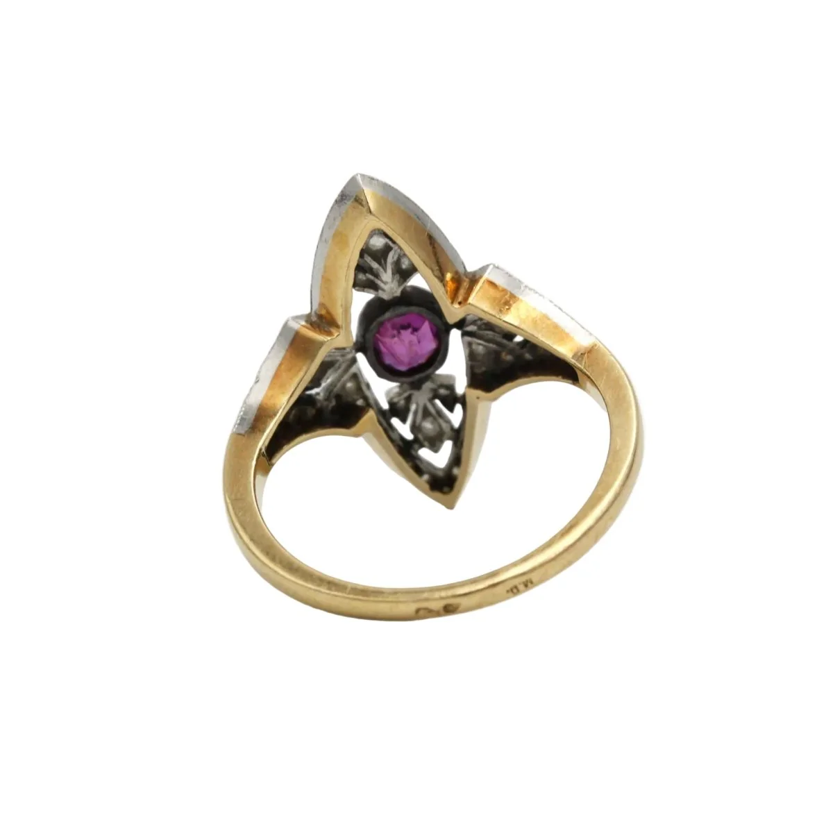Bague Marquise en or jaune, platine, saphir et diamants - Image 4