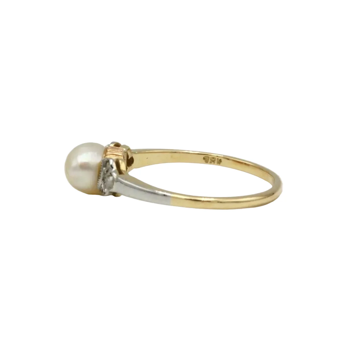Bague Solitaire en or jaune, perle et diamants - Image 2