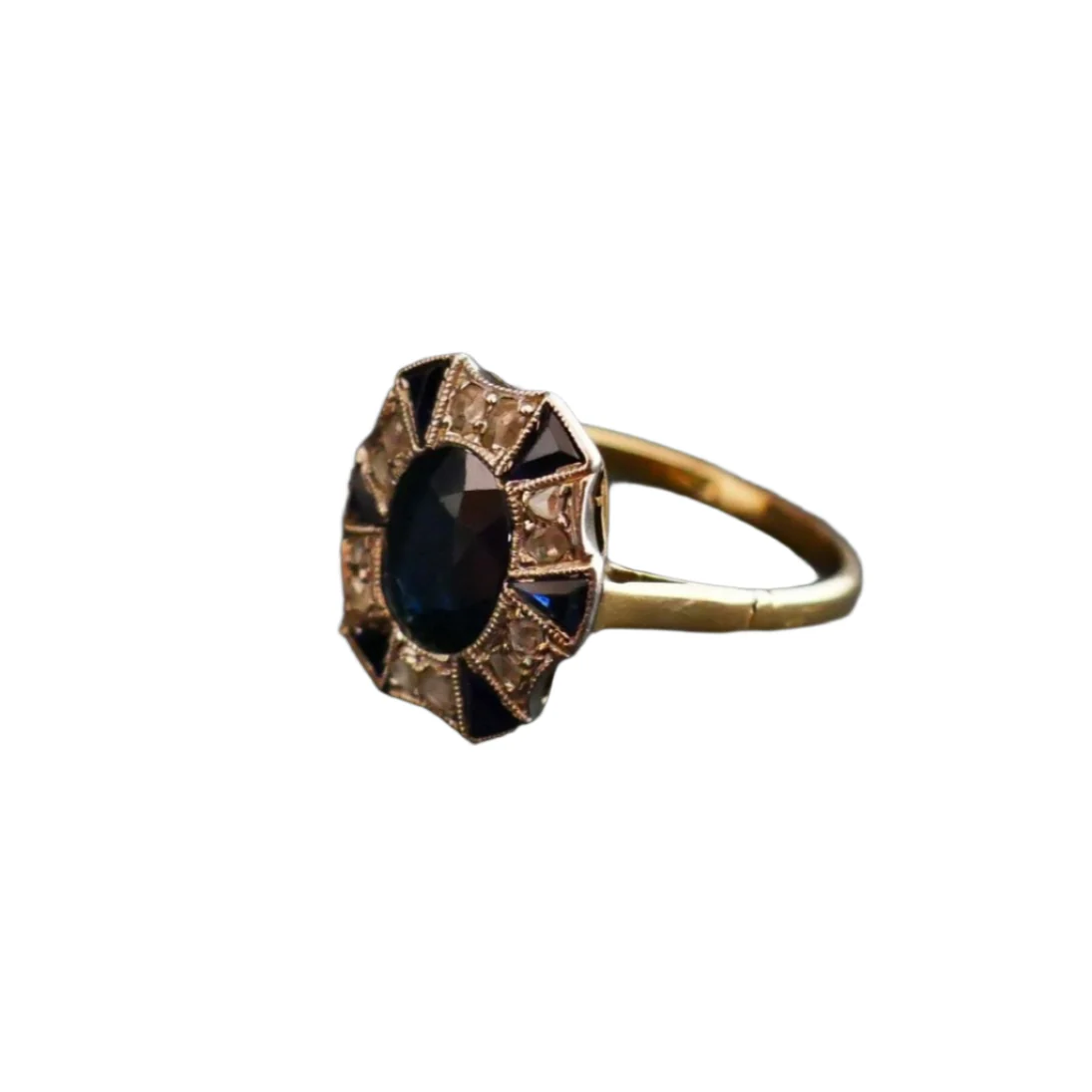 Bague Entourage en or jaune, or blanc, saphirs et diamants - Image 3