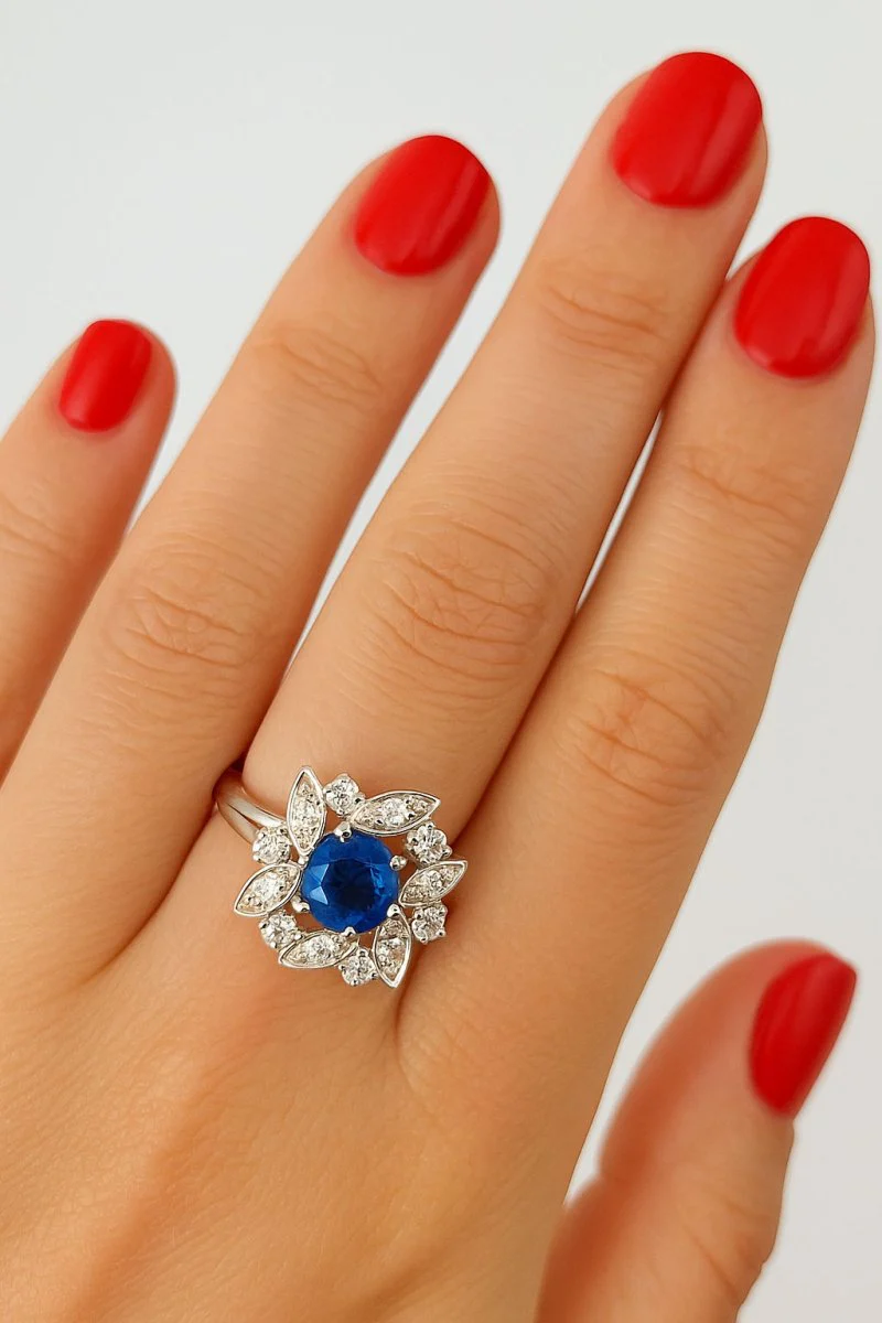 Bague Marguerite en or blanc, saphir et diamant - Image 5