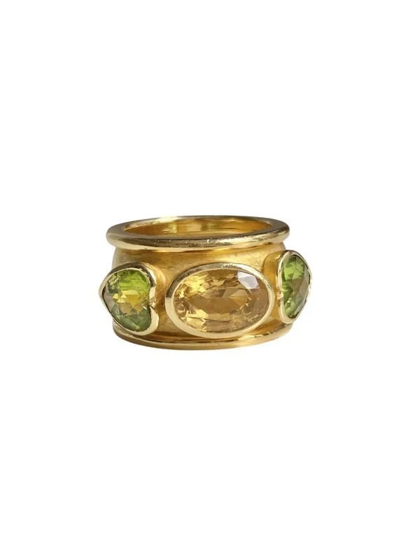 Large bague en or jaune 18K citrine et péridots