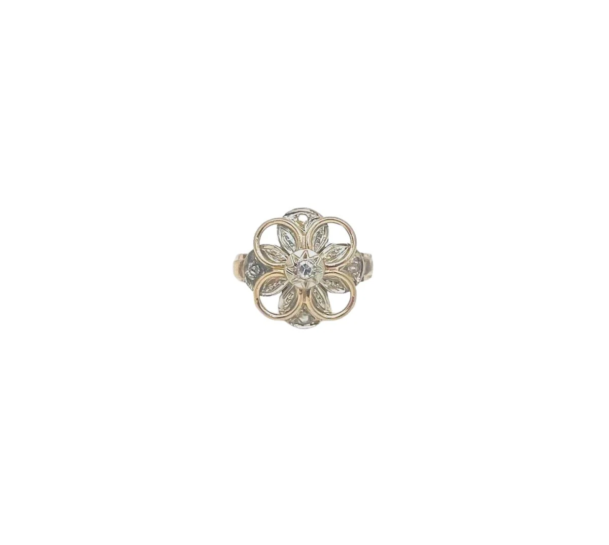 Bague fleur en or jaune, or blanc et diamants