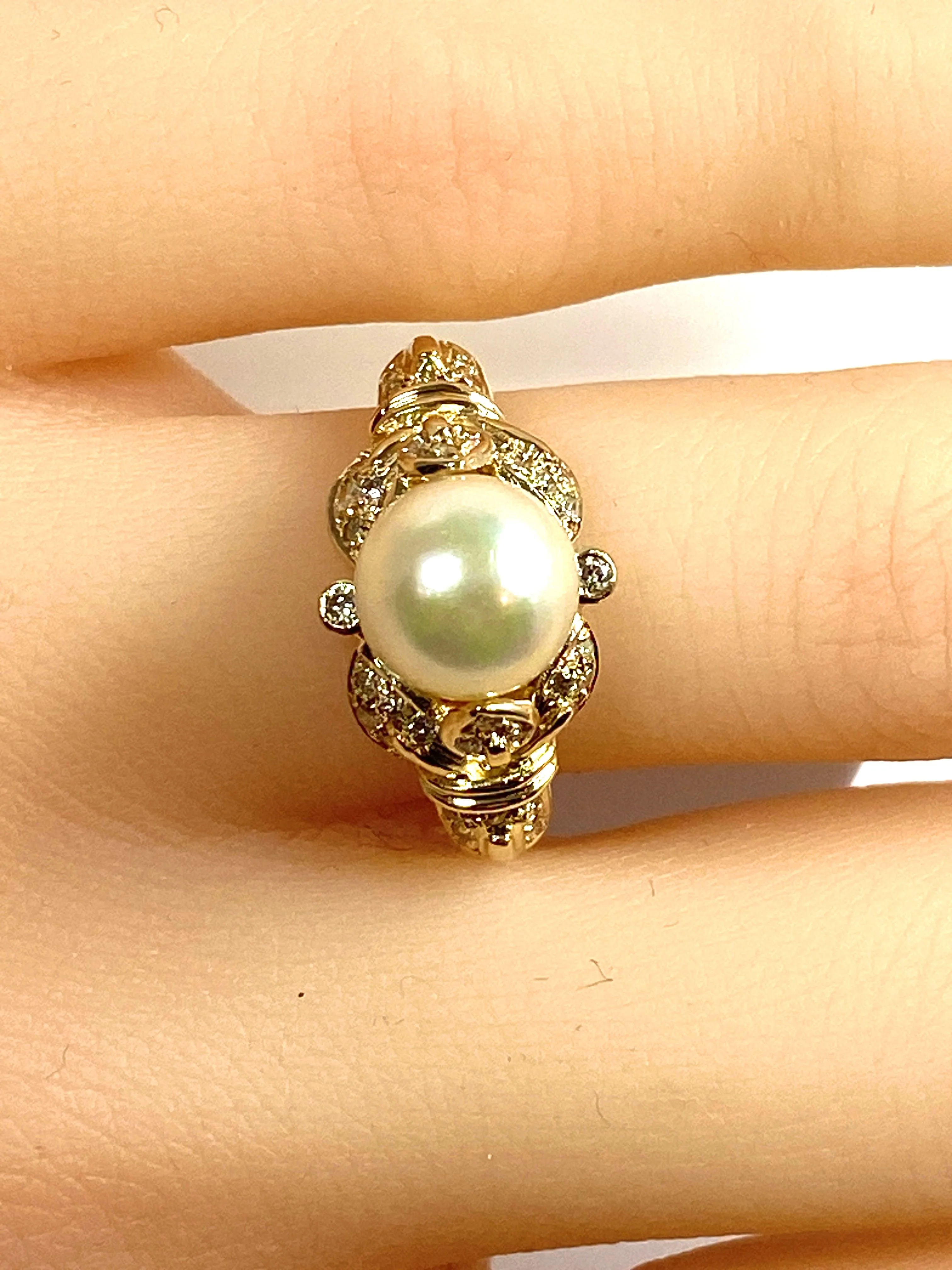 Bague en or jaune 18 carats, perle et 38 diamants. - Image 7