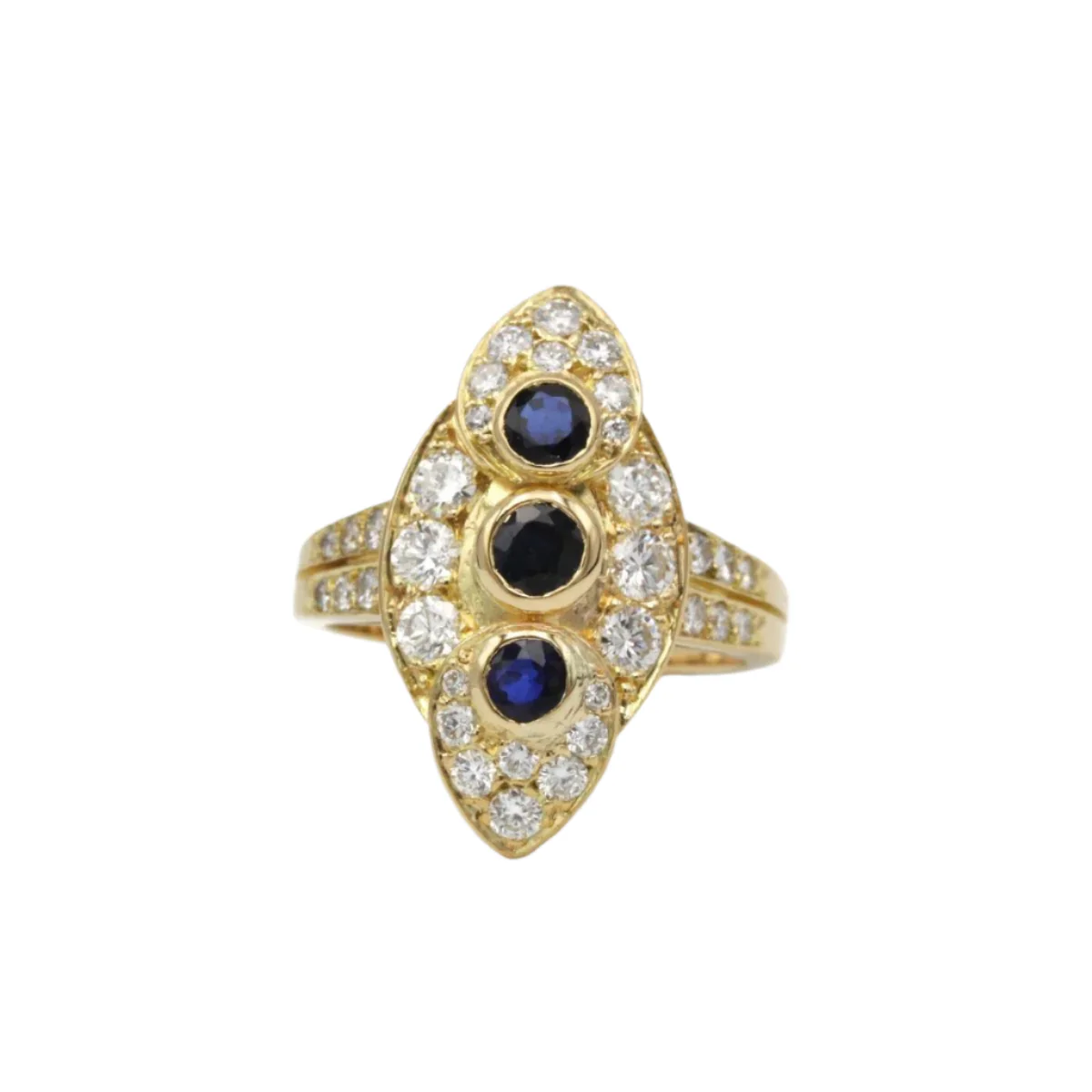 Bague Trilogie en or jaune, saphirs et diamants