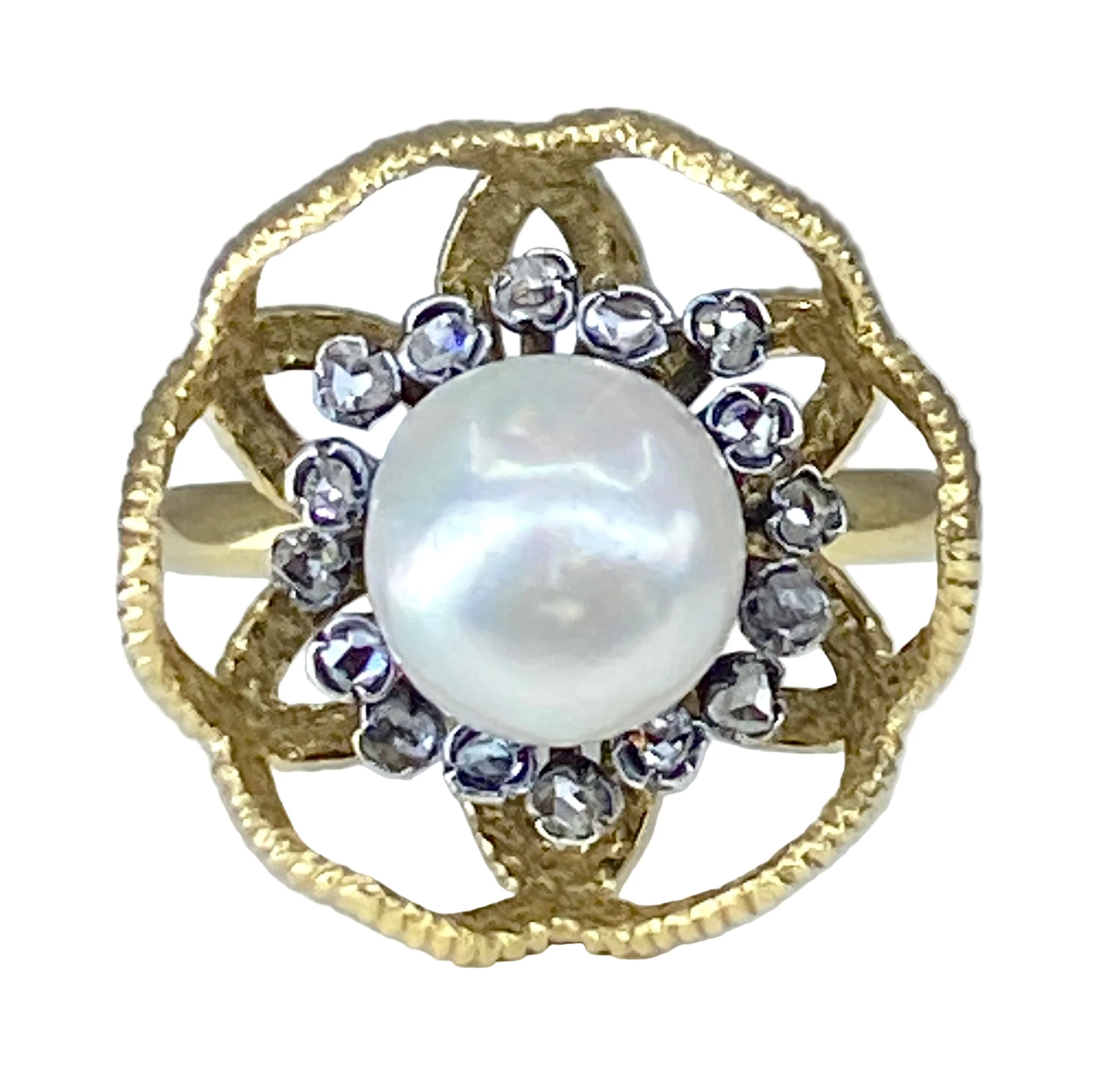 Bague Cocktail en or jaune 18 carats et argent,perle fine et diamants