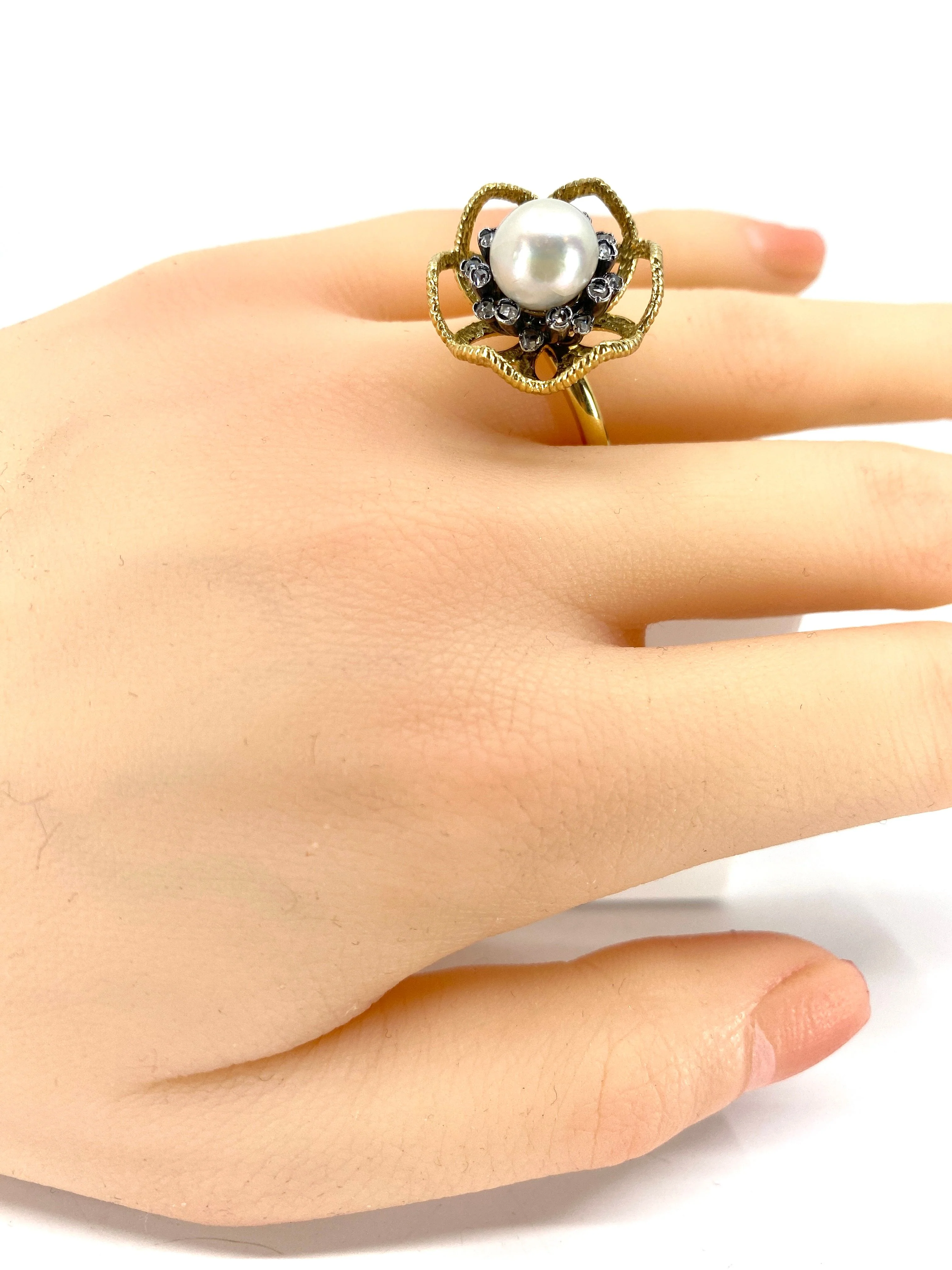Bague Cocktail en or jaune 18 carats et argent,perle fine et diamants - Image 6