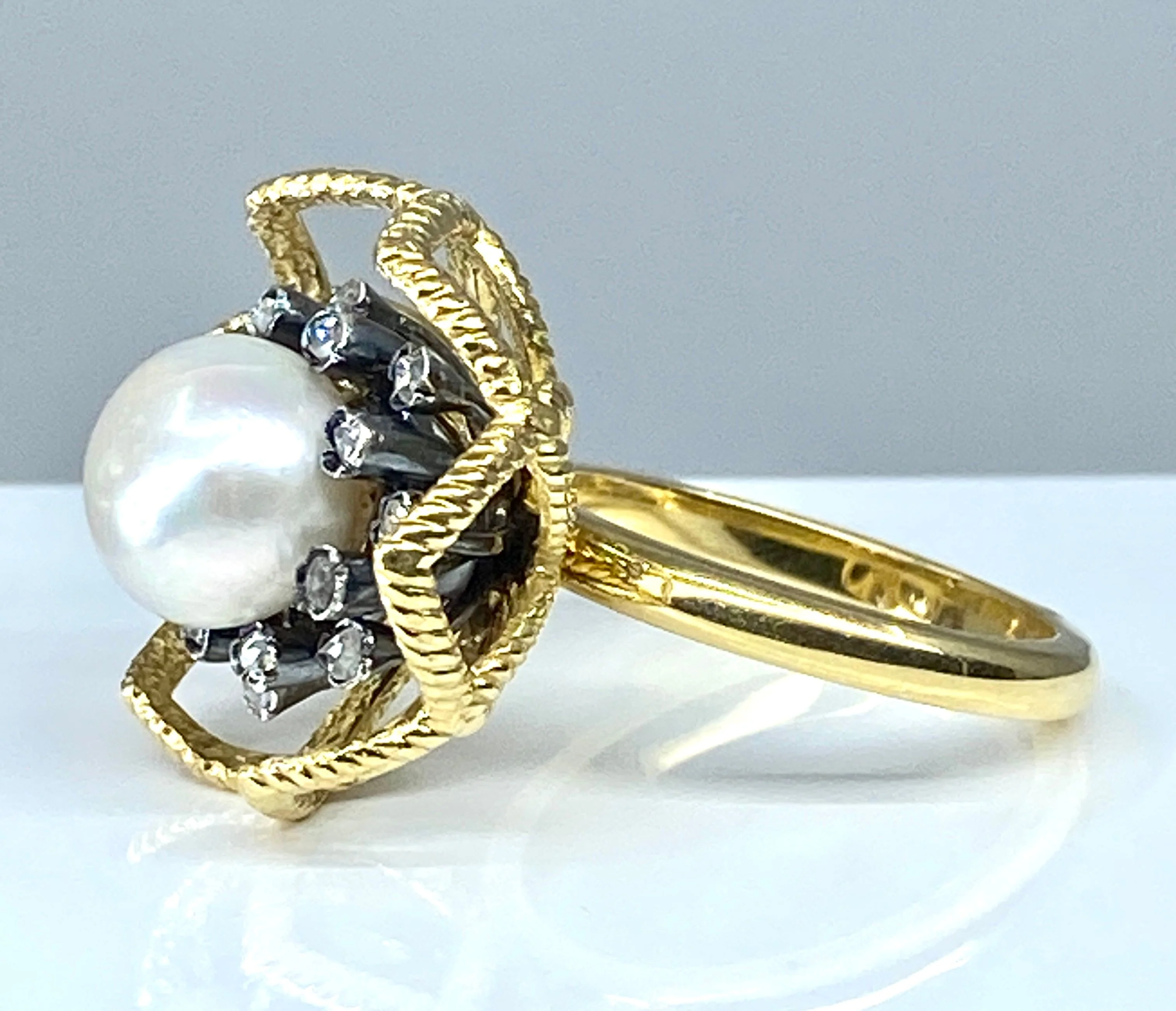 Bague Cocktail en or jaune 18 carats et argent,perle fine et diamants - Image 7