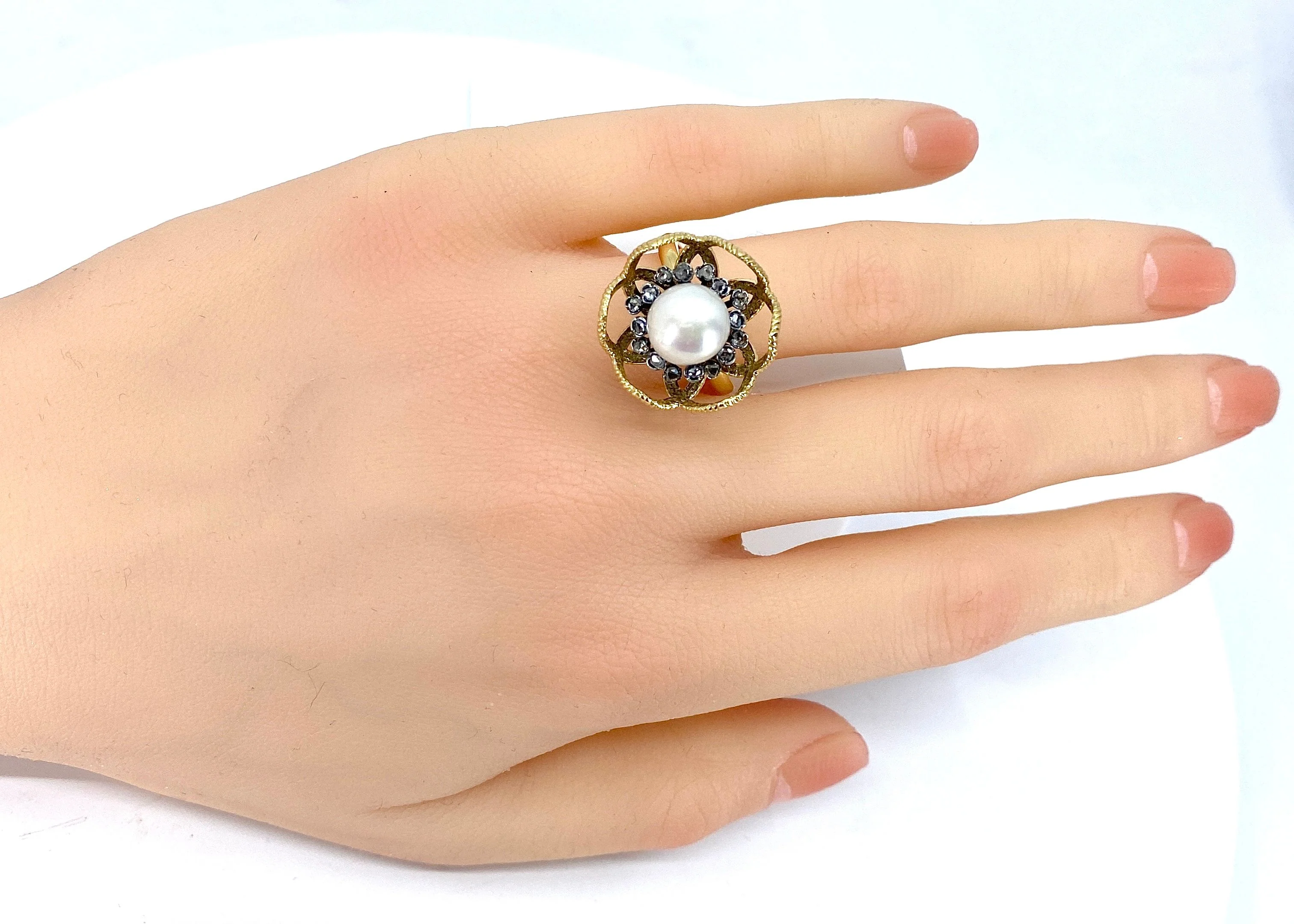 Bague Cocktail en or jaune 18 carats et argent,perle fine et diamants - Image 8