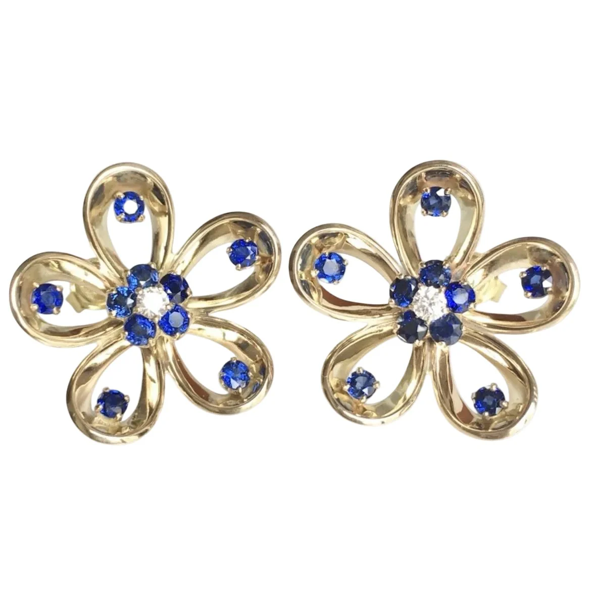 Boucles d'oreilles Puces en or jaune, saphirs et diamants - Image 3