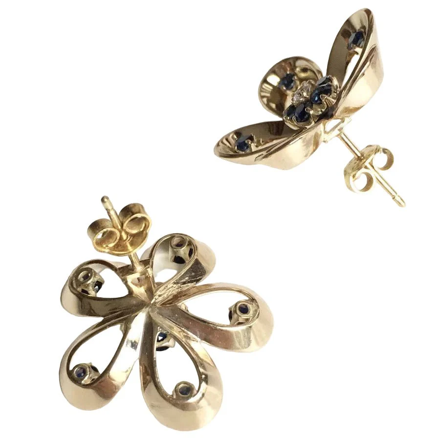 Boucles d'oreilles Puces en or jaune, saphirs et diamants - Image 4