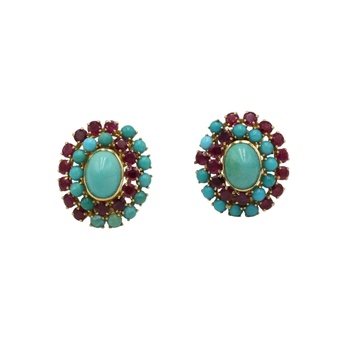 Boucles d'oreilles Clips en or jaune, rubis et turquoises