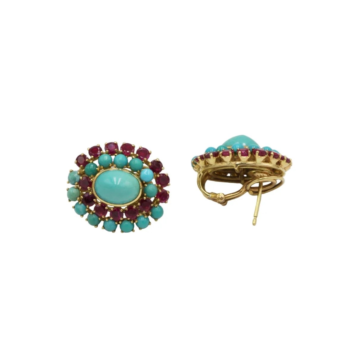 Boucles d'oreilles Clips en or jaune, rubis et turquoises - Image 2