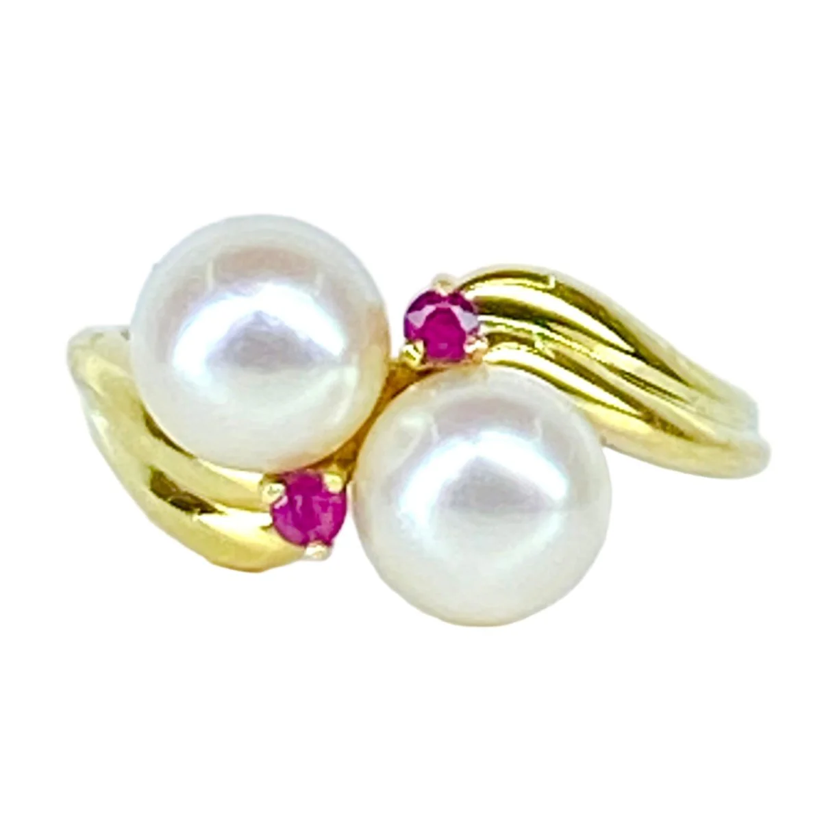 Bague toi et moi en or jaune perles et rubis