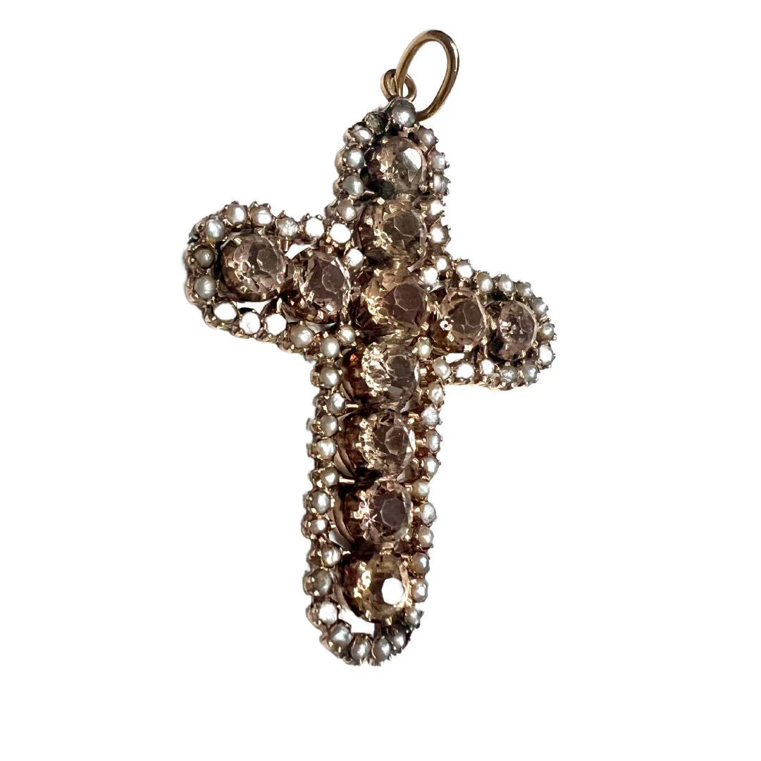 CROIX ANTIQUE EN OR 18kt AVEC PERLES ET QUARTZ - Image 2