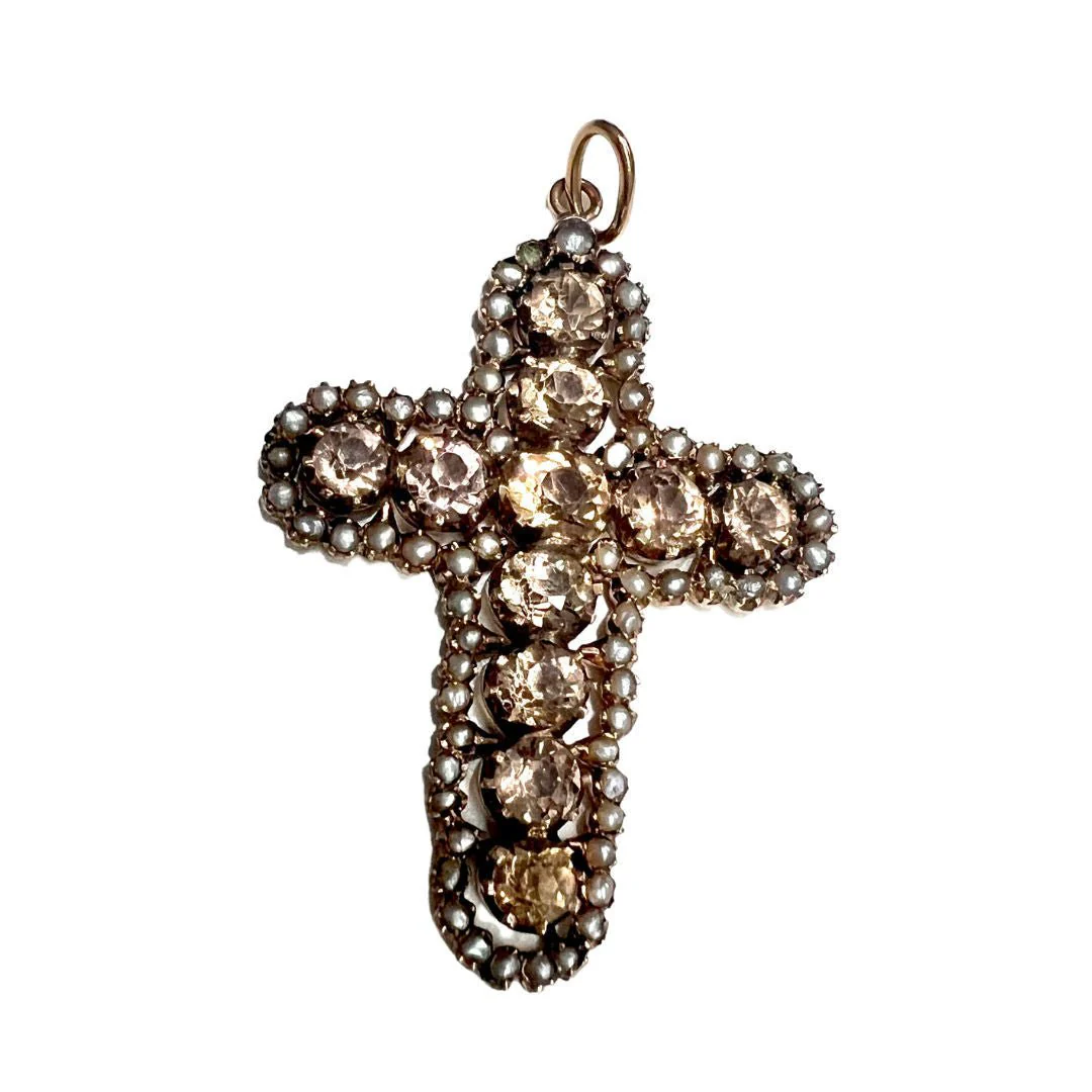 CROIX ANTIQUE EN OR 18kt AVEC PERLES ET QUARTZ - Image 4