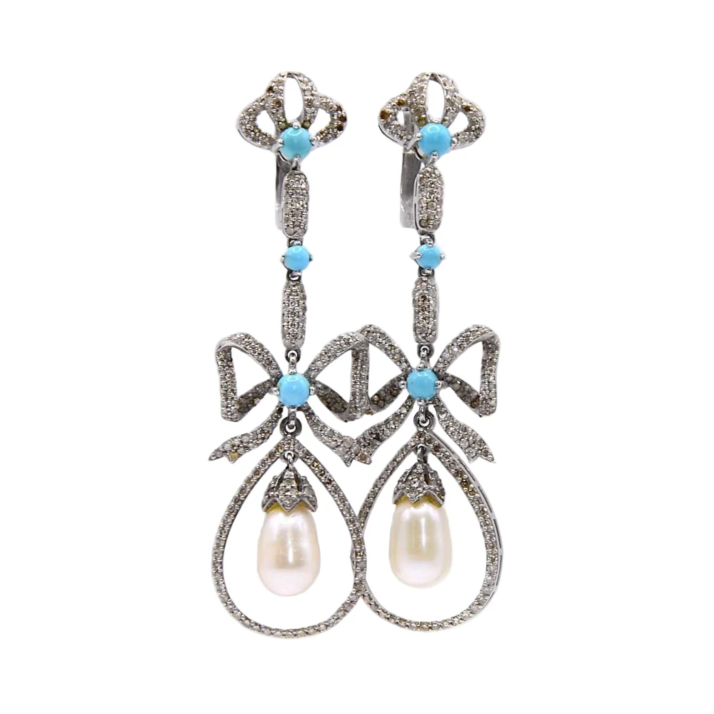 Boucles d'oreilles Pendantes en argent, perle, turquoises et diamants