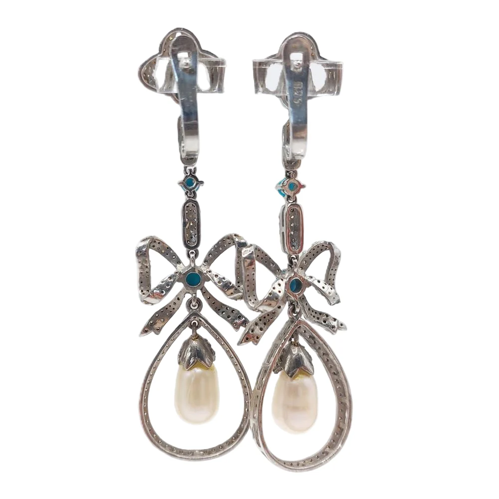 Boucles d'oreilles Pendantes en argent, perle, turquoises et diamants - Image 3