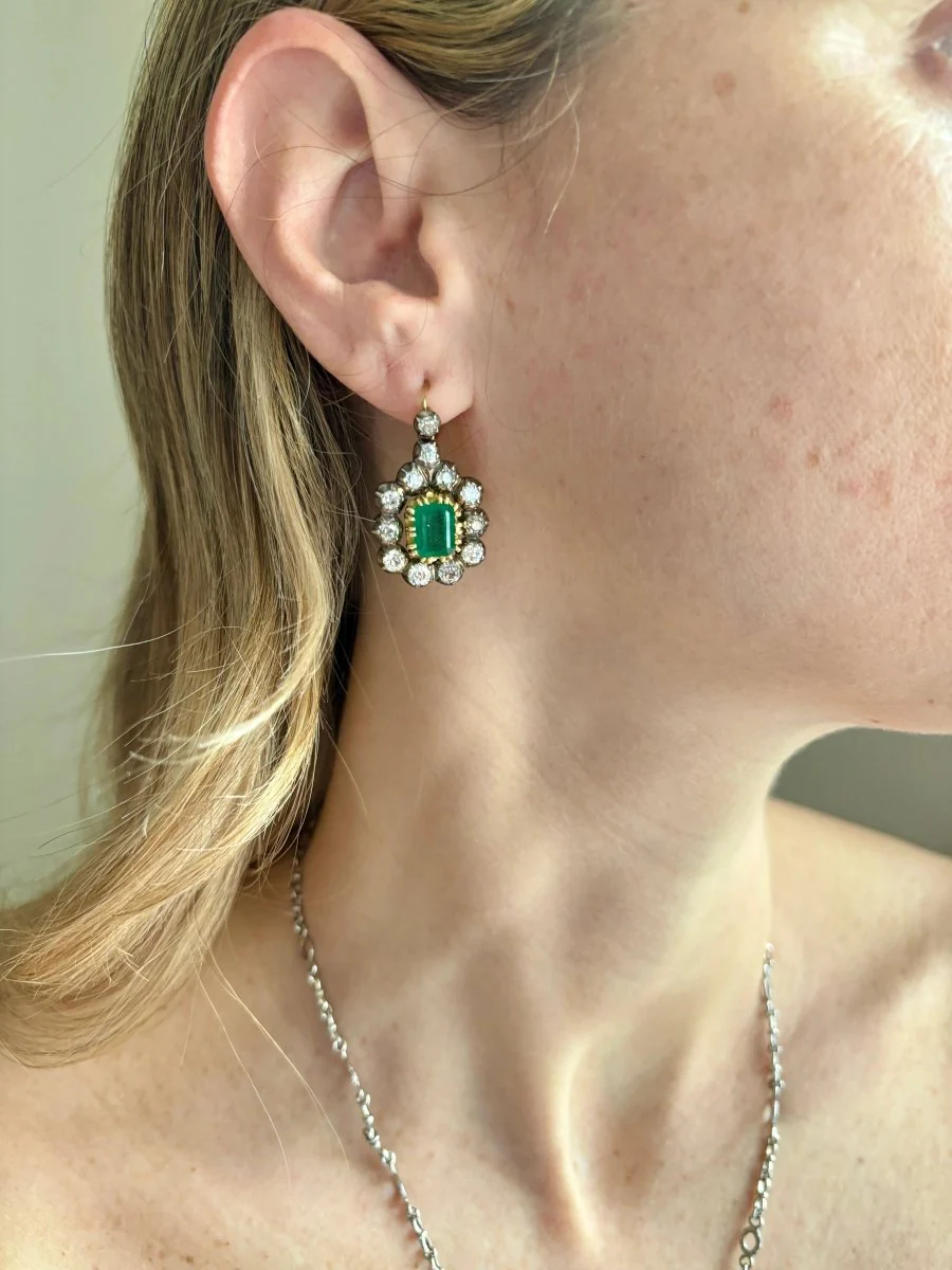 Victorian Certificate Emerald Diamond Gold Drop Earrings, 1900s - Image 12