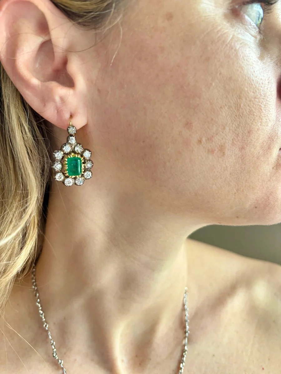 Victorian Certificate Emerald Diamond Gold Drop Earrings, 1900s - Image 16