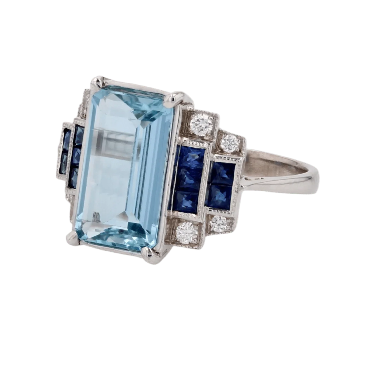 Bague Entourage en or blanc, aigue-marine, saphirs et diamants - Image 3