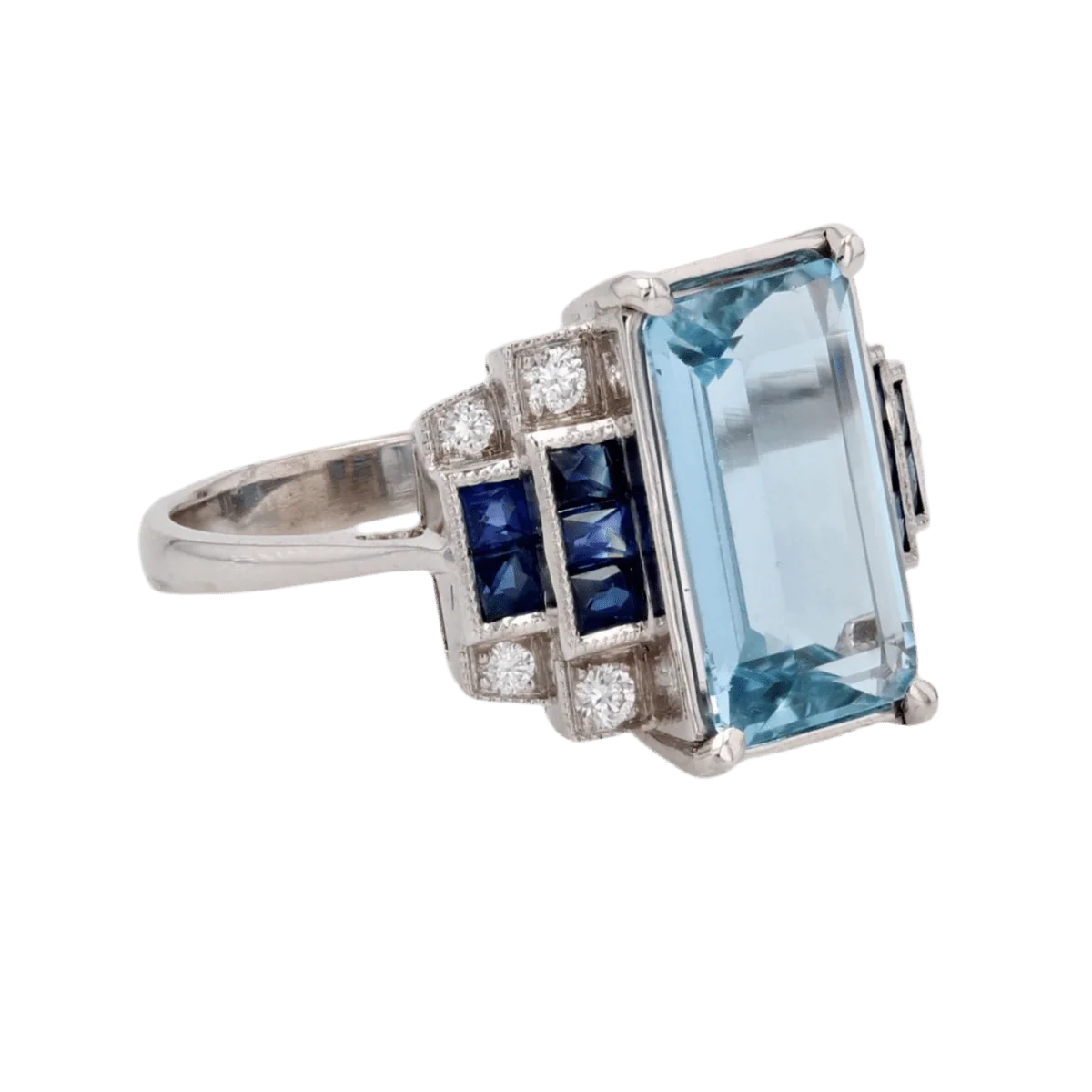 Bague Entourage en or blanc, aigue-marine, saphirs et diamants - Image 5
