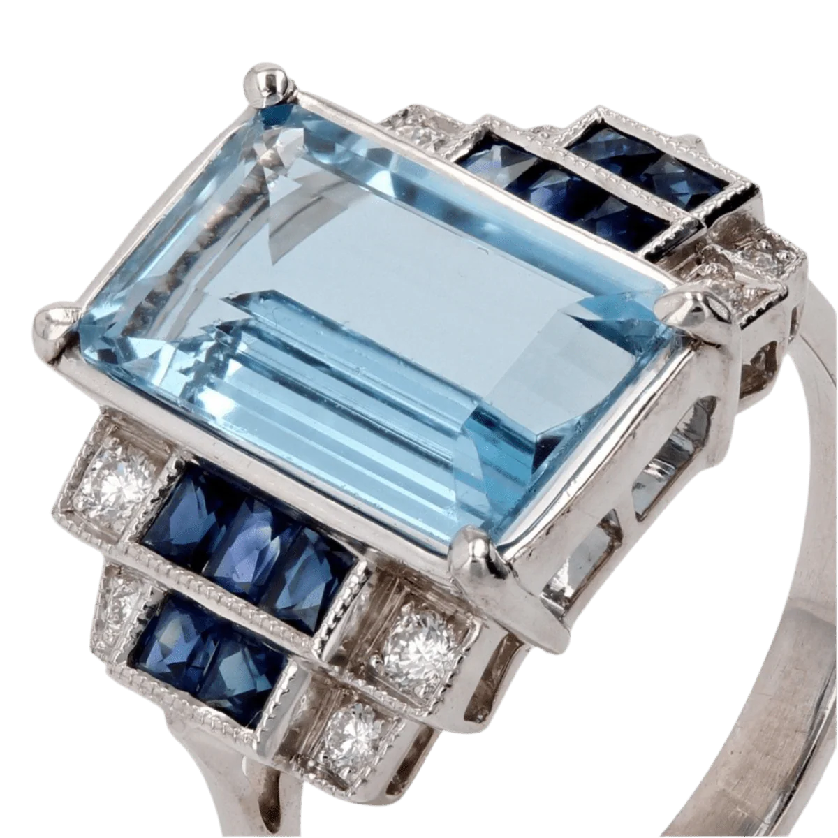 Bague Entourage en or blanc, aigue-marine, saphirs et diamants - Image 6