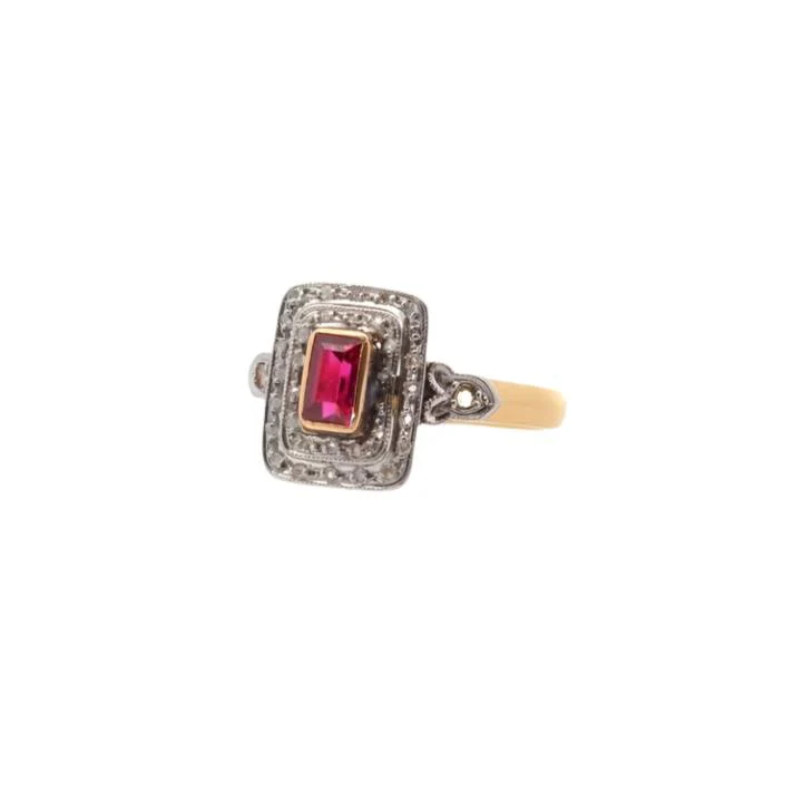 Bague ancienne 1920 rubis synthétique et diamants - Image 3