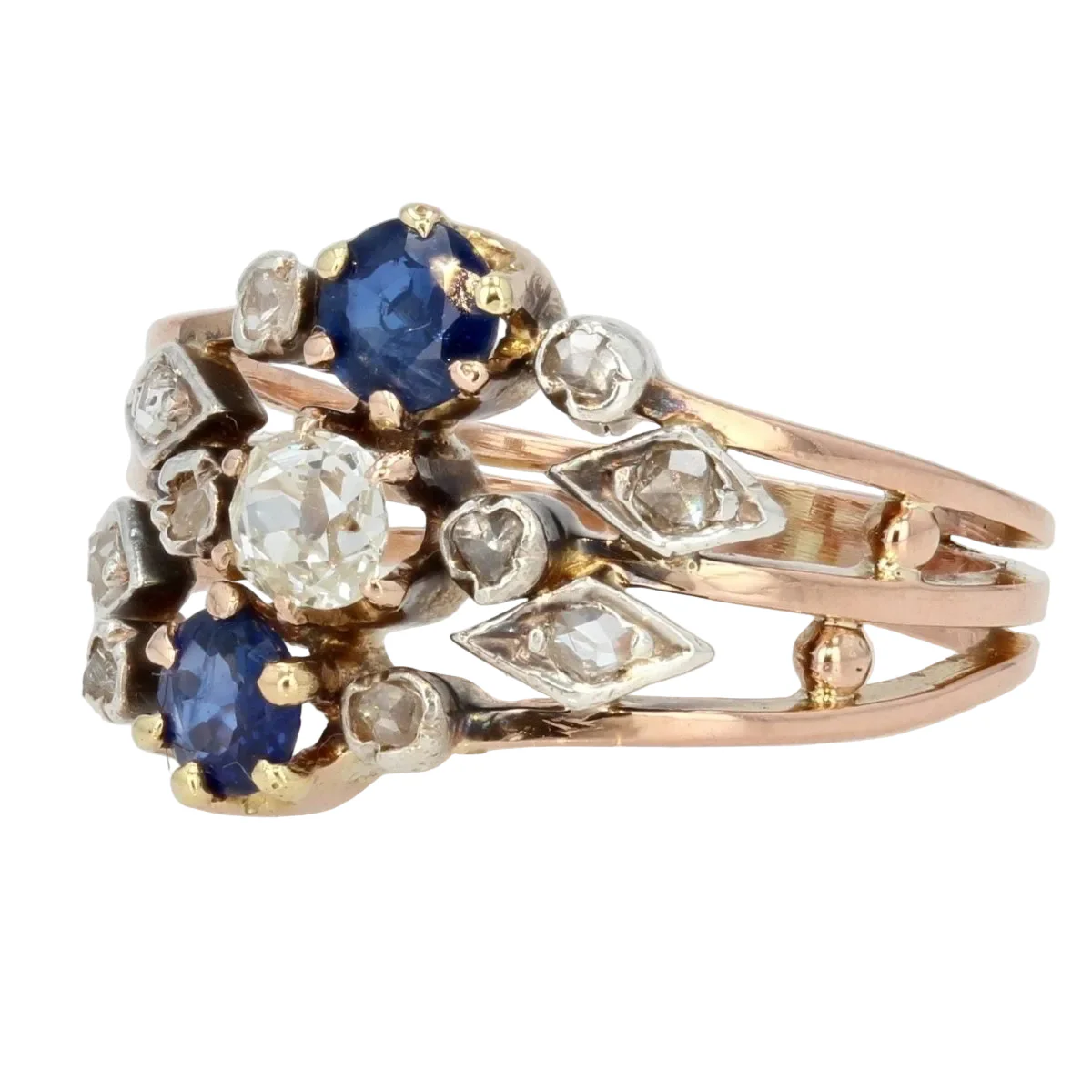 Bague Cocktail en or rose, saphirs et diamants - Image 3