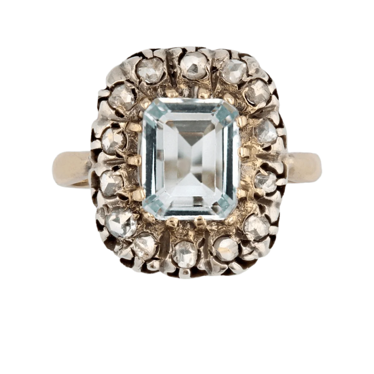 Bague Entourage en or jaune, argent, aigue-marine et diamants