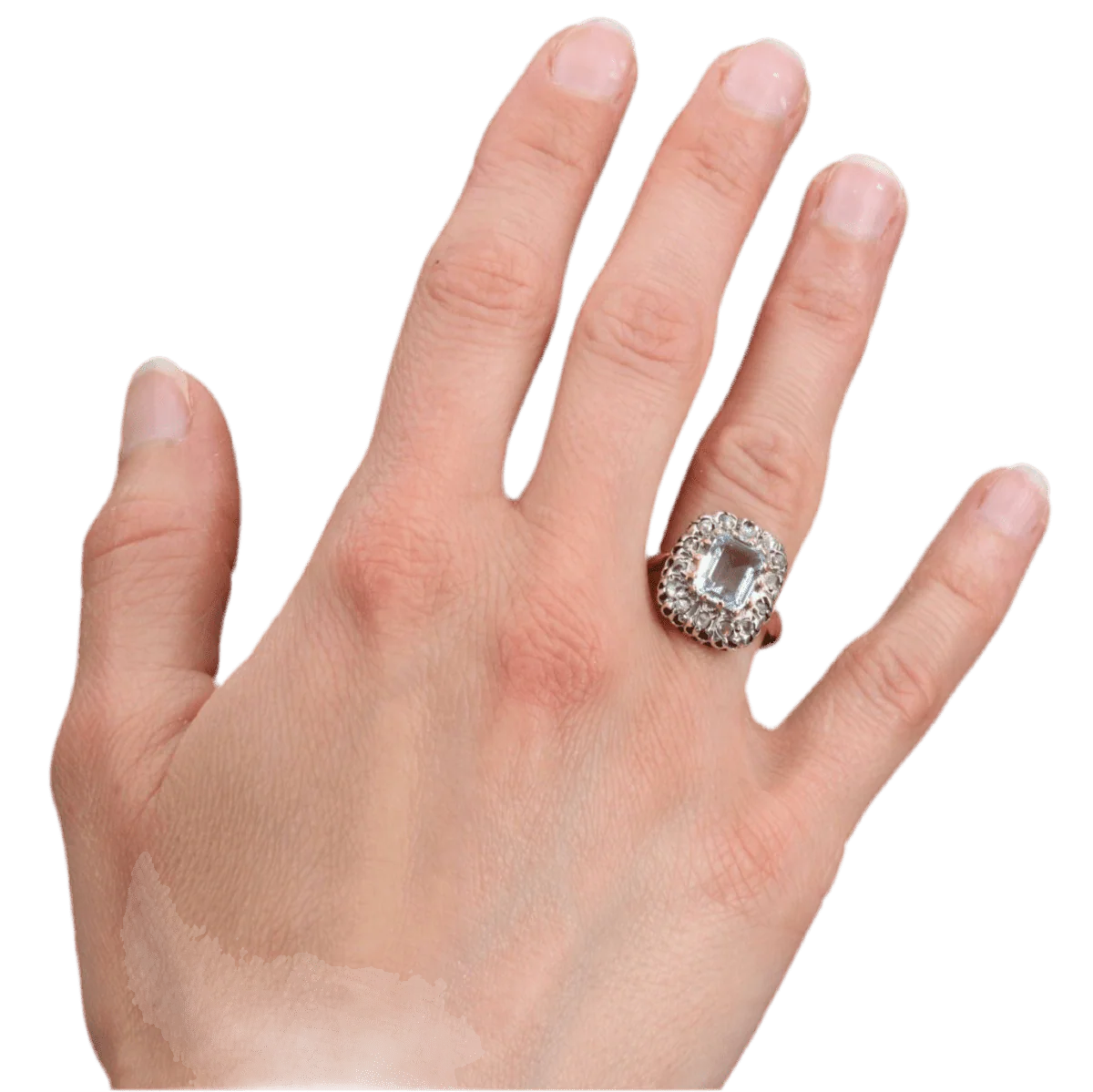 Bague Entourage en or jaune, argent, aigue-marine et diamants - Image 2