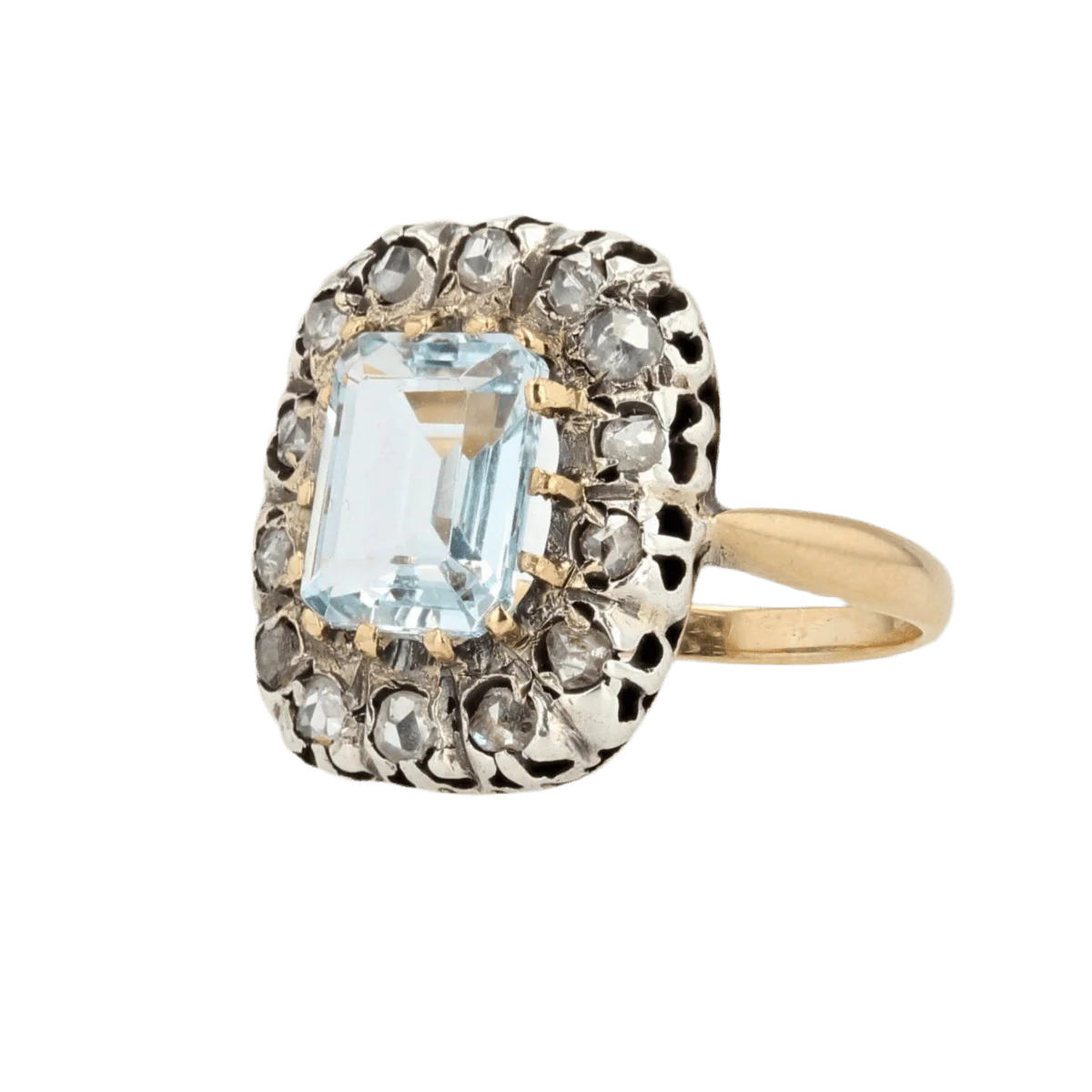 Bague Entourage en or jaune, argent, aigue-marine et diamants - Image 3