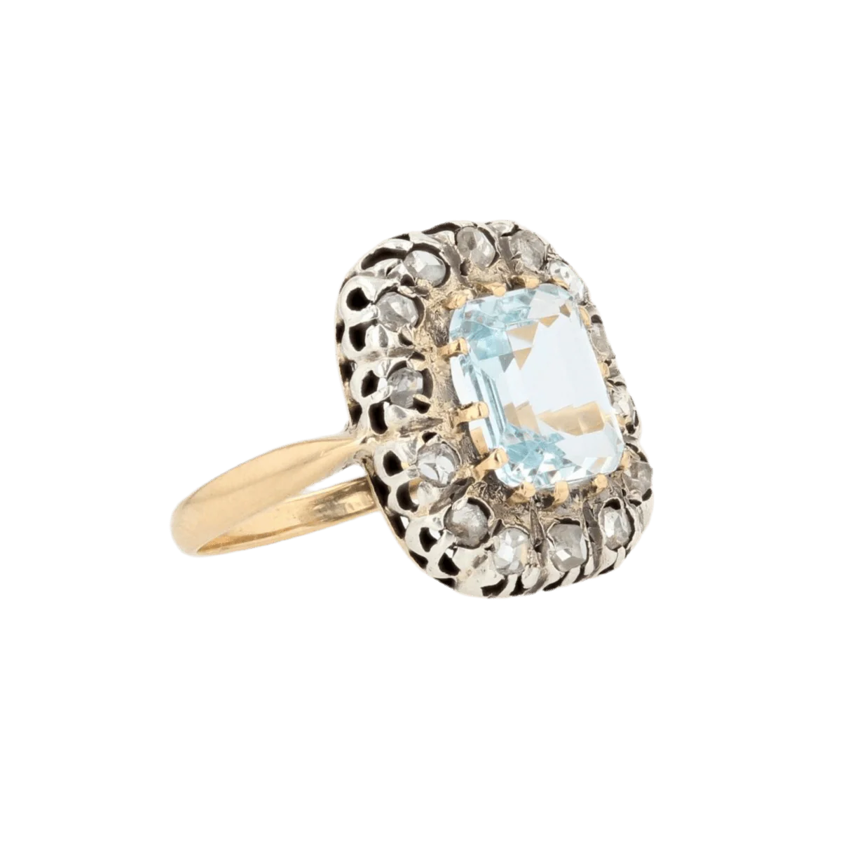 Bague Entourage en or jaune, argent, aigue-marine et diamants - Image 5