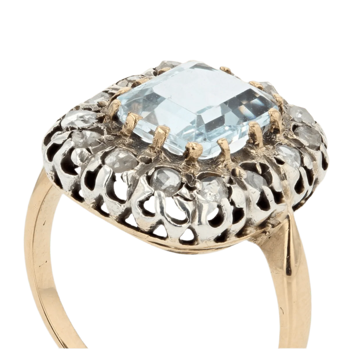 Bague Entourage en or jaune, argent, aigue-marine et diamants - Image 6