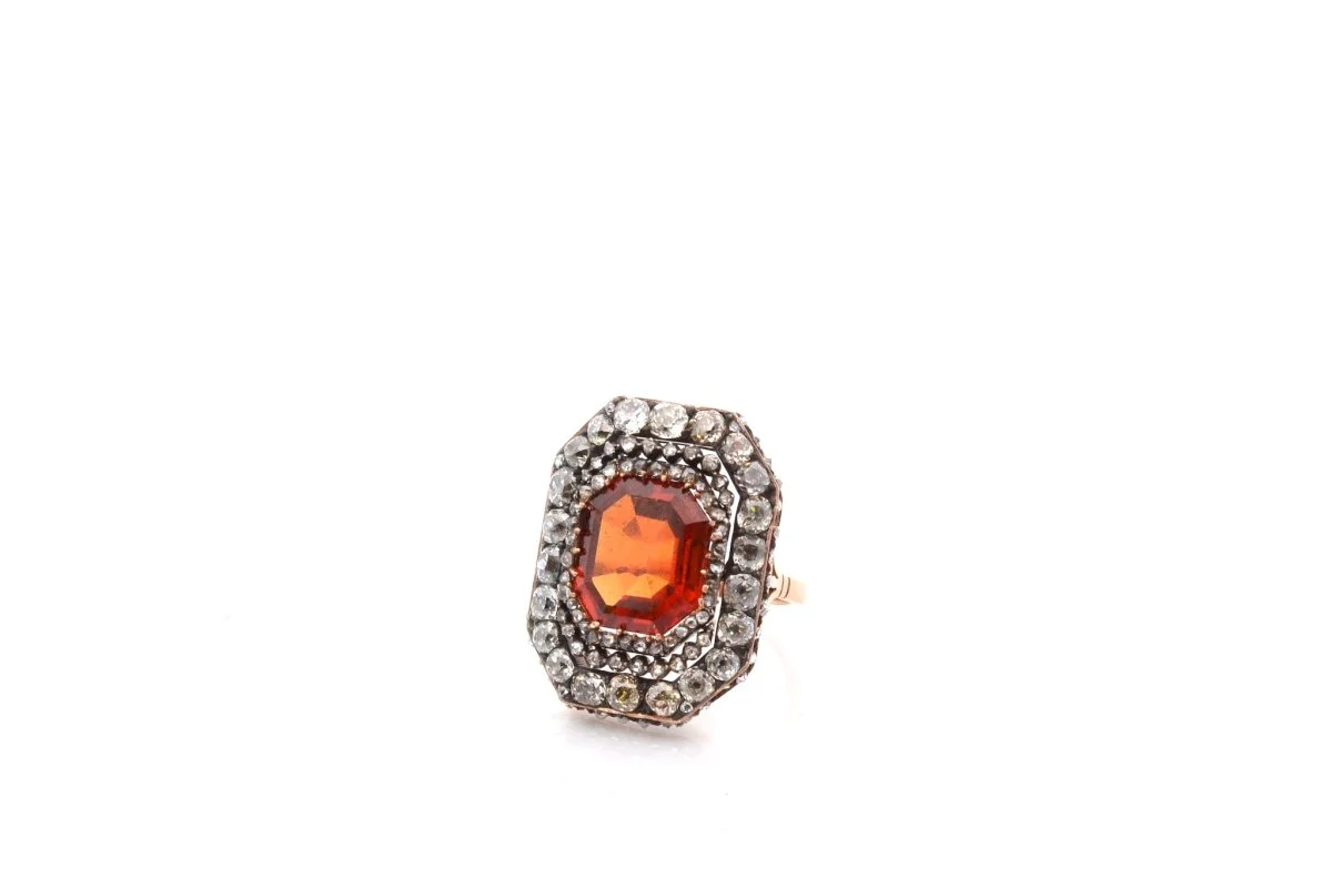 Bague ancienne en or jaune et argent avec citrine et diamants - Image 2