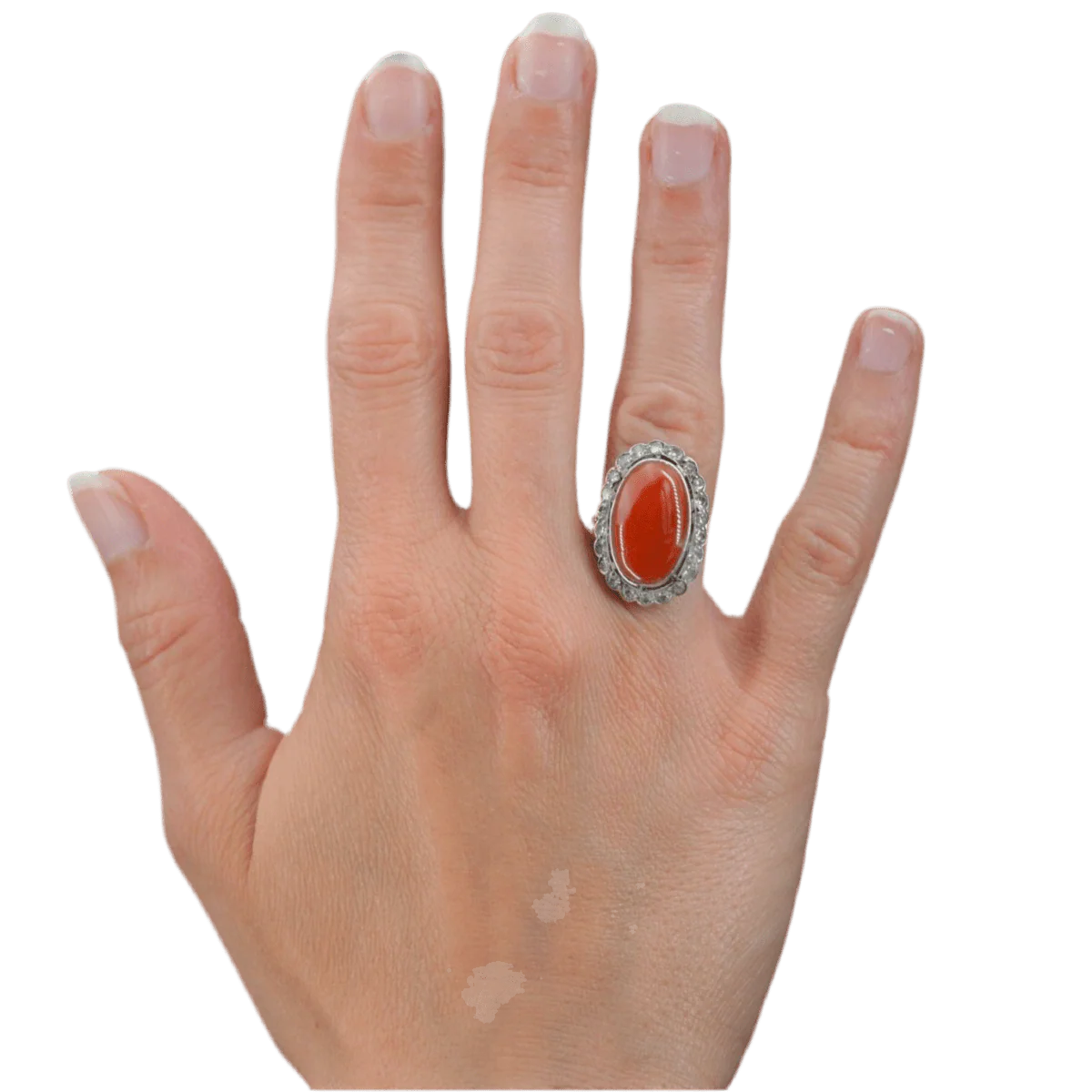 Bague Pompadour en or jaune, platine, corail et diamants - Image 2